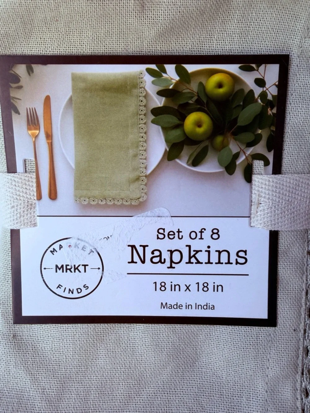 Set of 8 sage Cotton Napkins with Lace Trim